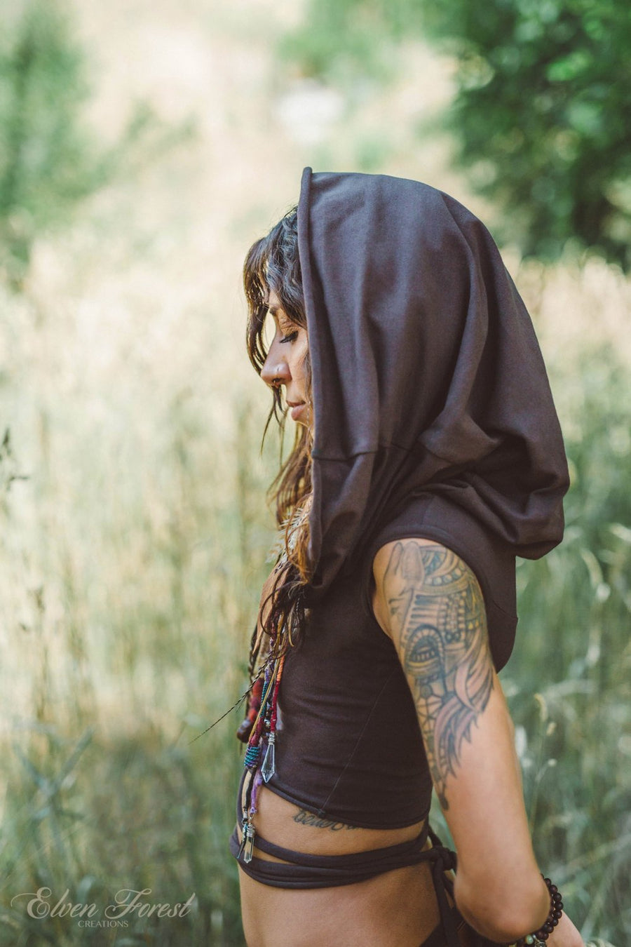 Shanti Hoodie ~ Choli Crop Top ~ with wrap strings ~ Elven Forest, festival clothing