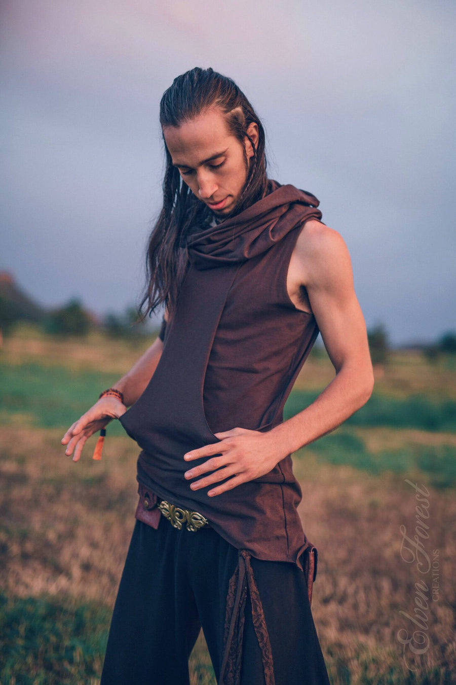 Reversible Bandolier Hoodie ~ Men's Festival Top ~ Elven Forest, mens festival clothing