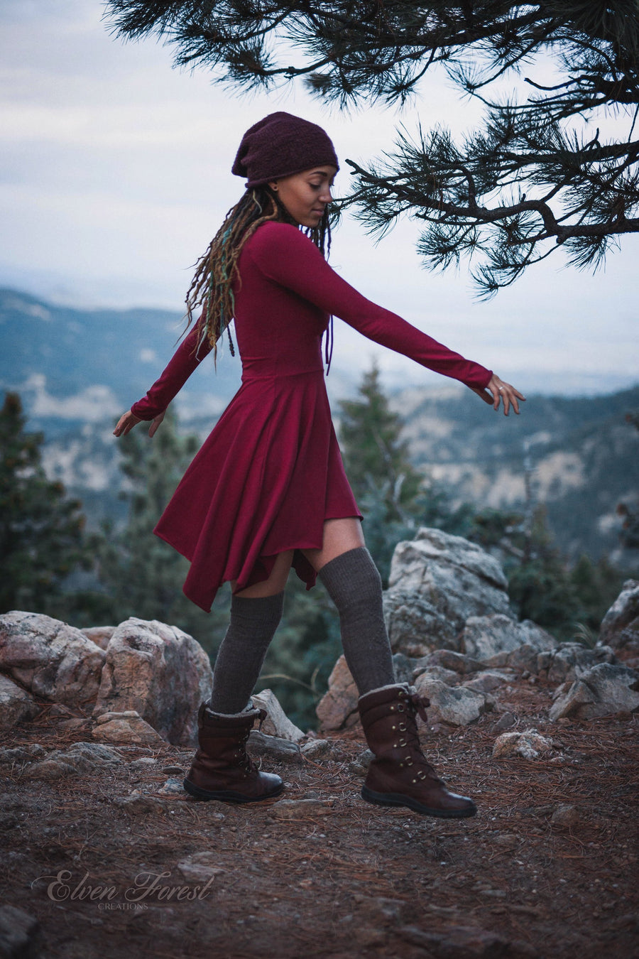 Velvet Lace-Up Pixie Dress ~ Fit and Flare Pixie Skirt ~ Long Sleeves and Thumbholes ~ Elven Forest, Winter dress