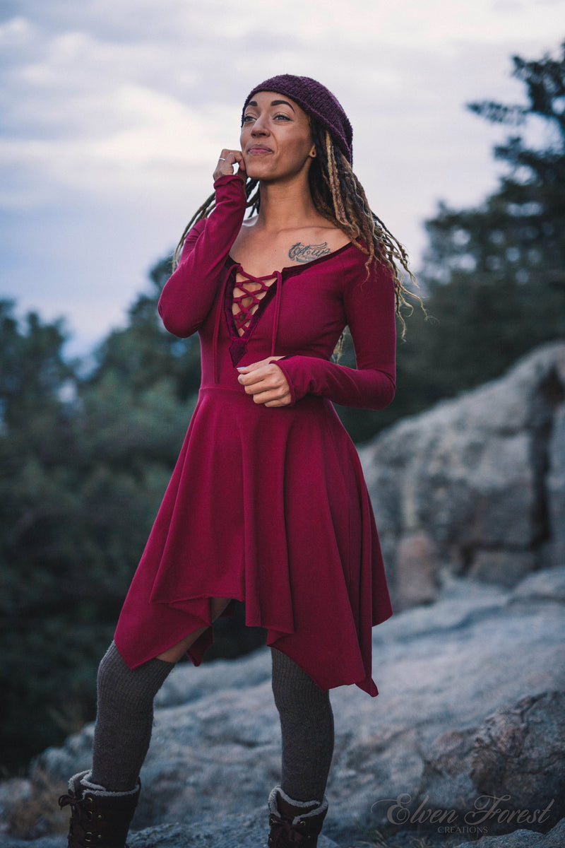 Velvet Lace-Up Pixie Dress ~ Fit and Flare Pixie Skirt ~ Long Sleeves and Thumbholes ~ Elven Forest, Winter dress