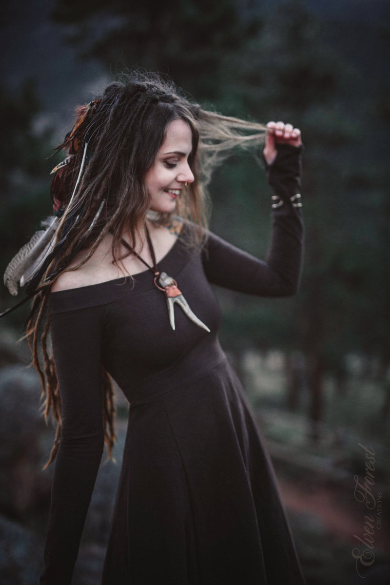 Fairy Tail-feather Dress ~ Long Sleeve with thumbholes, Fit and Flare ~ Elven Forest, Fall Dress