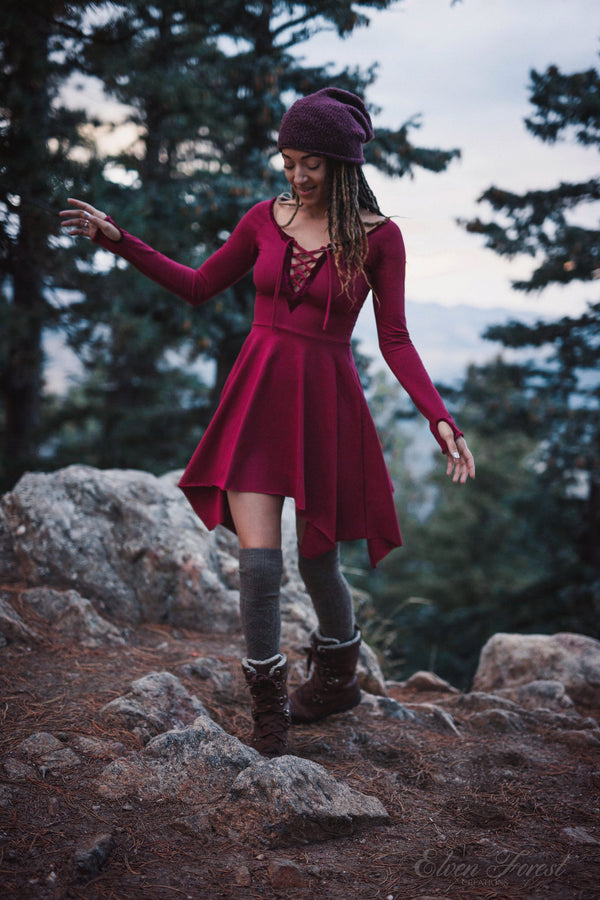 Velvet Lace-Up Pixie Dress Burgundy / M Velvet Lace-Up Pixie Dress Burgundy / M