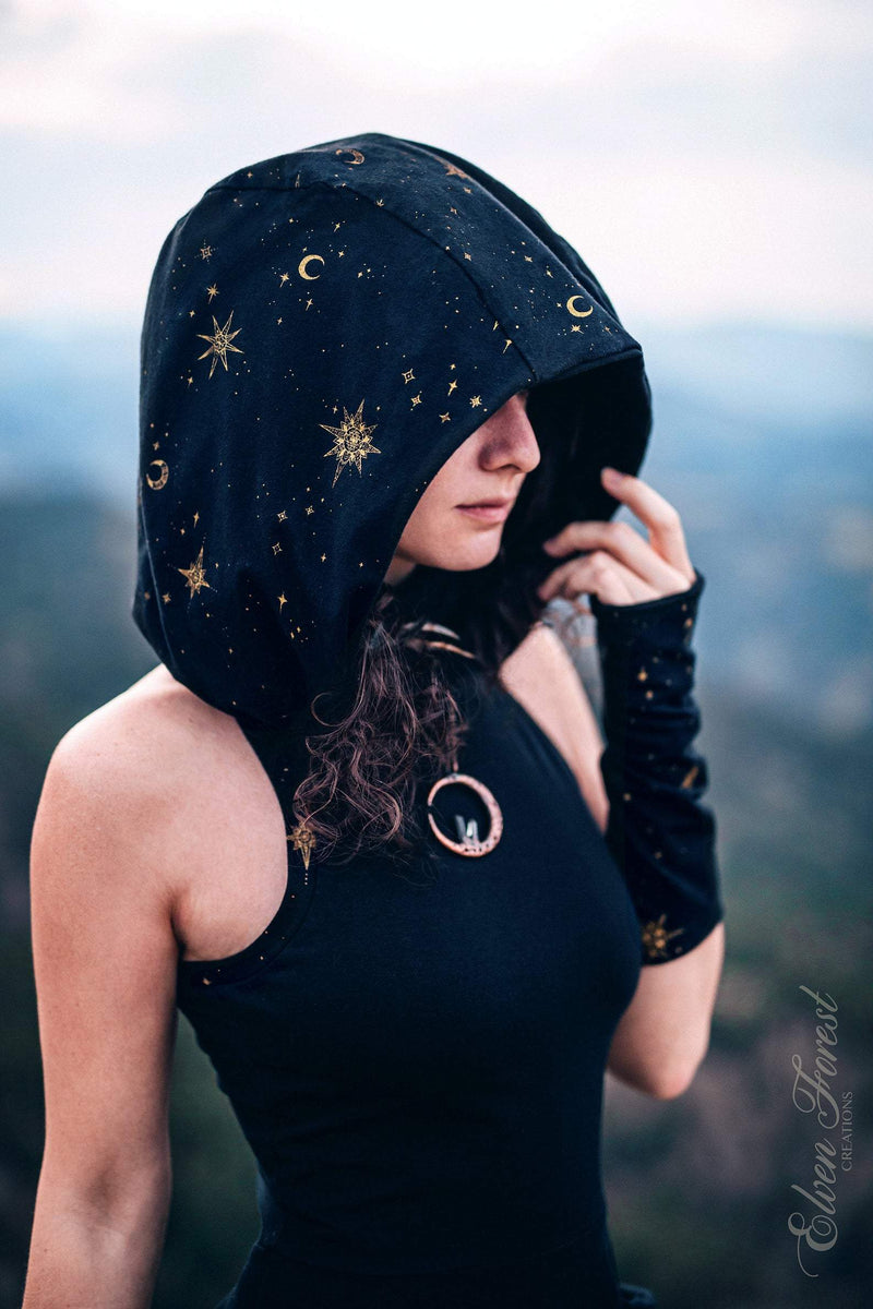 Celestial Dust Mask Hoodie Dress Black-Black-Celestial / Plus Size Custom Fit Celestial Dust Mask Hoodie Dress Black-Black-Celestial / Plus Size Custom Fit