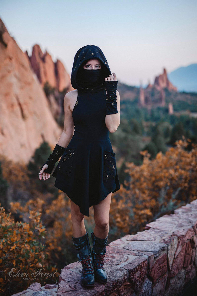 Celestial Dust Mask Hoodie Dress black-black-celestial / XS-XL Custom Fit Celestial Dust Mask Hoodie Dress black-black-celestial / XS-XL Custom Fit