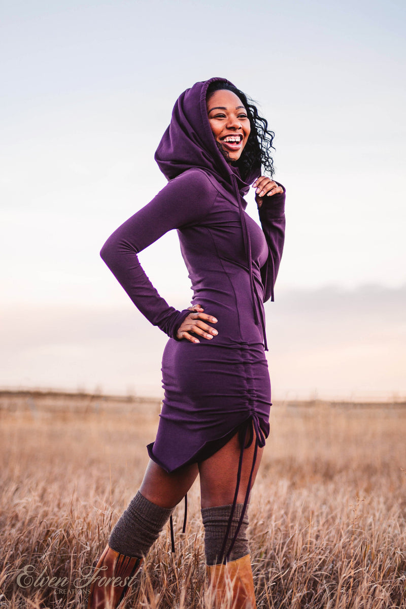 Hi-Lo Scrunchie Hoodie Dress Eggplant / Medium Hi-Lo Scrunchie Hoodie Dress Eggplant / Medium
