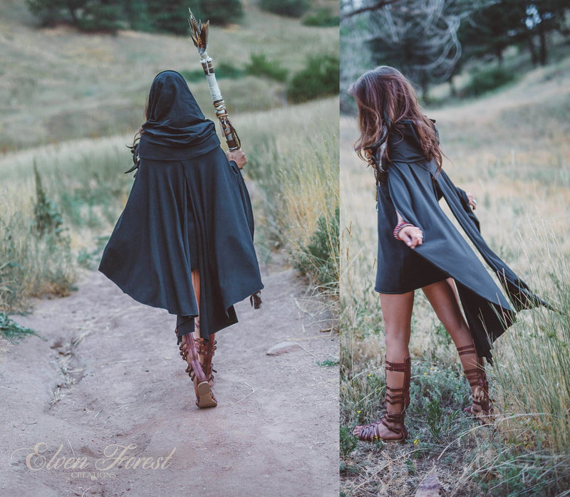 Hooded Cape Dress ~ Elven Forest, cowl hood, Festival clothing