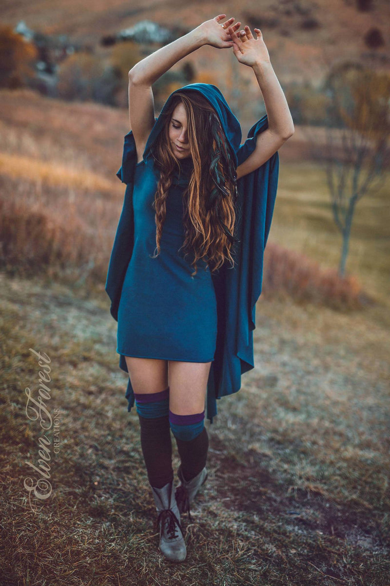 Hooded Cape Dress ~ Elven Forest, cowl hood, Festival clothing
