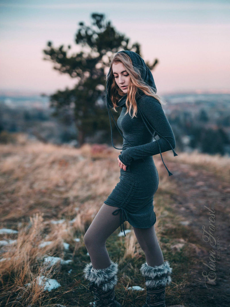Hi-Lo Scrunchie Hoodie Dress with pocket Black / Small Hi-Lo Scrunchie Hoodie Dress with pocket Black / Small