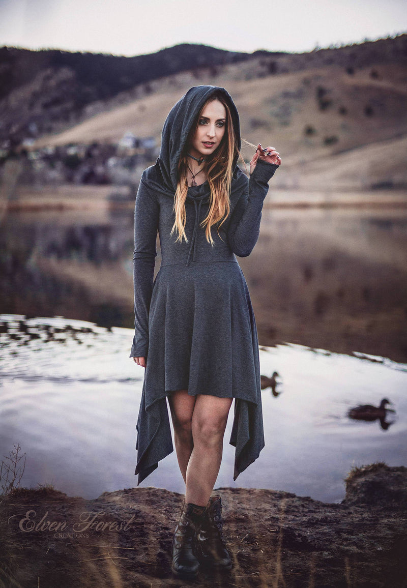 Wonderland Hooded Pixie Dress ~ Cowl Hood version ~ long sleeves and thumbholes ~ Elven Forest ~ Winter Dress