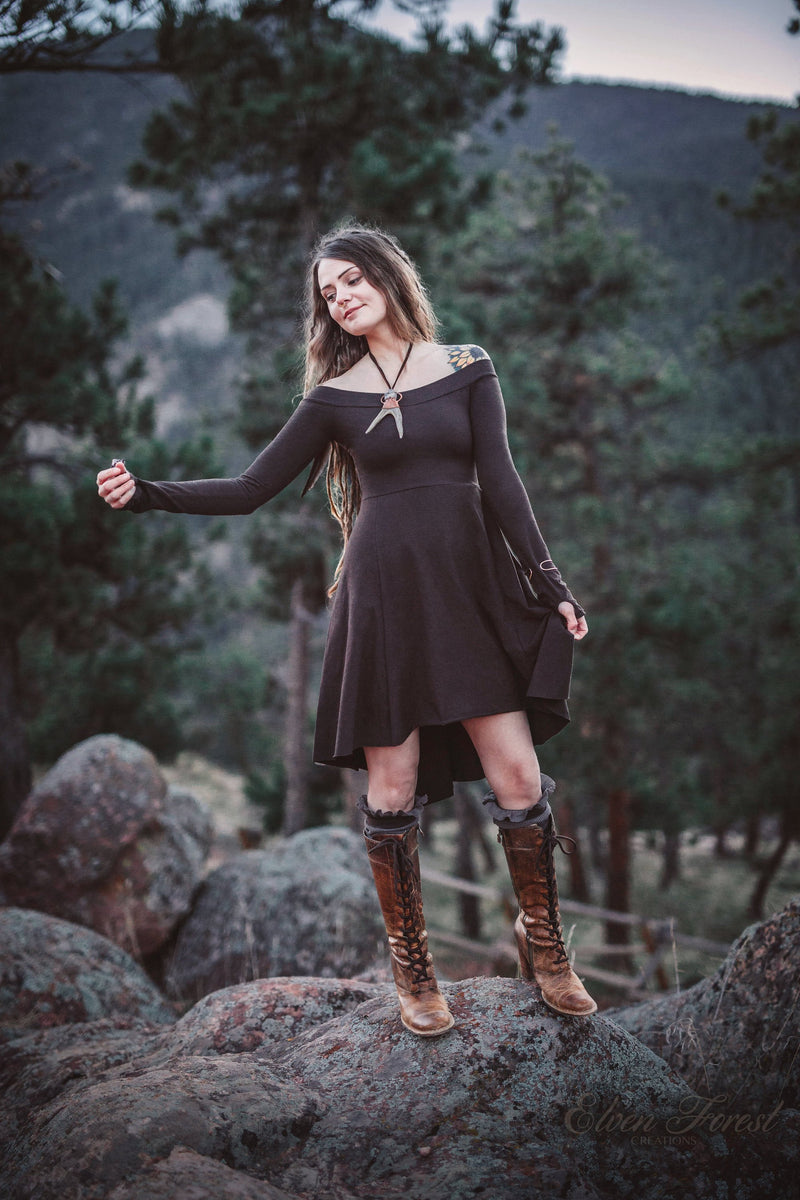 Fairy Tail-feather Dress ~ Long Sleeve with thumbholes, Fit and Flare ~ Elven Forest, Fall Dress