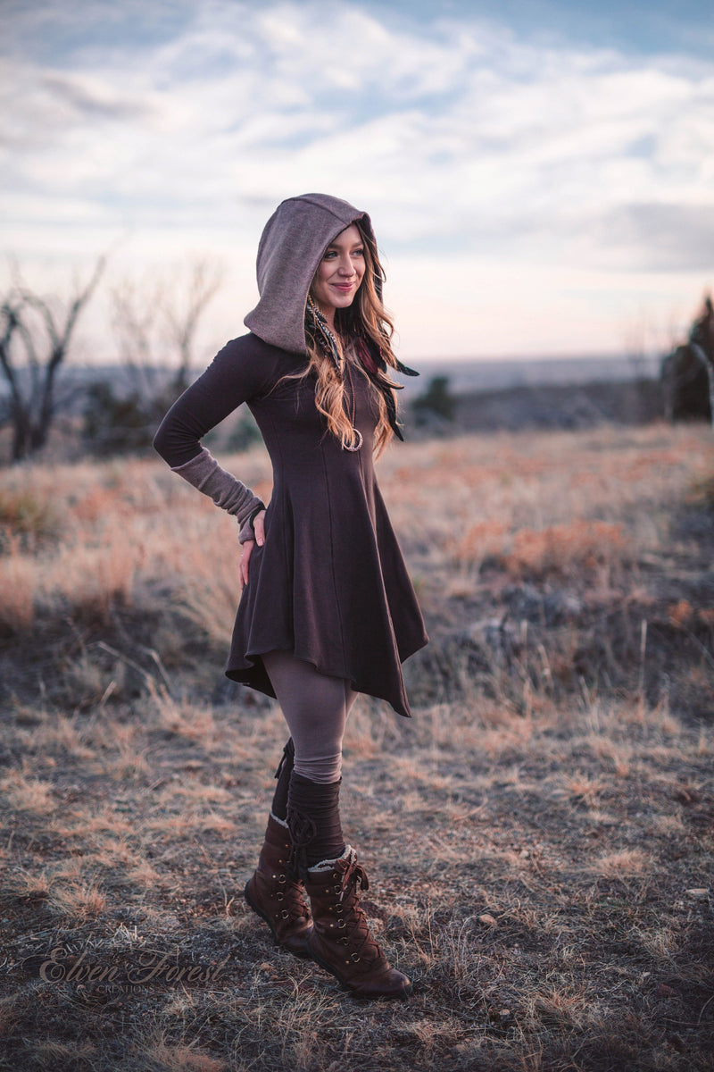 Sweater Warmer Dress ~ Structured Hood with arm warmers and thumbholes ~ Elven Forest ~ Winter Dress