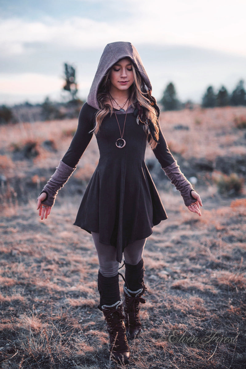 Black skinny dress with flared sleeves and hood, witch occult
