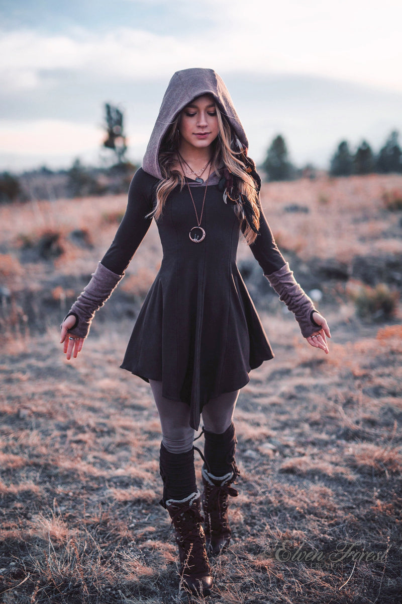 Sweater Warmer Dress ~ Structured Hood with arm warmers and thumbholes ~ Elven Forest ~ Winter Dress