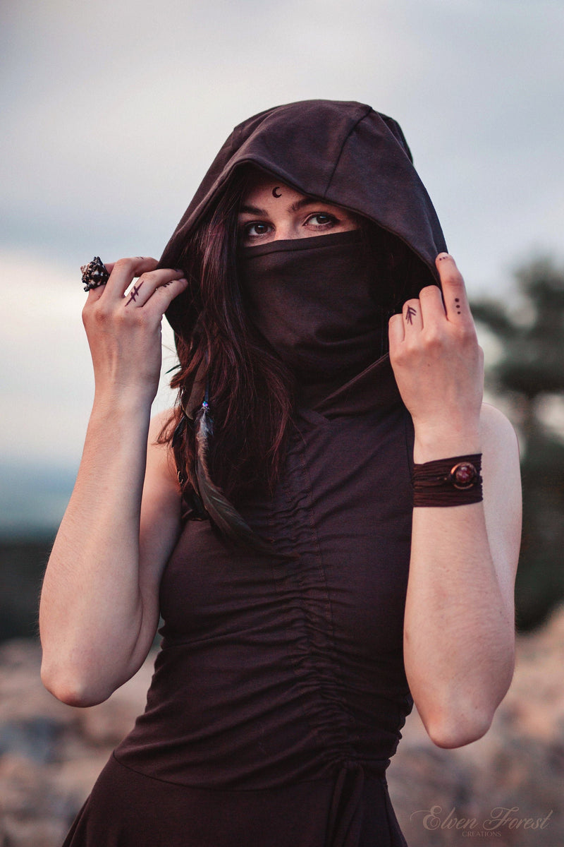 Desert Walker Dress ~ Dusk Mask Hoodie Dress ~ Elven Forest ~ Burning Man Costume, Post Apocalyptic, Festival Clothing