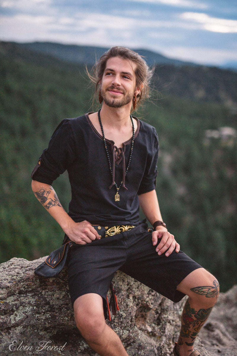 Lace Up Tab Shirt ~ Men&#39;s Long Sleeve and roll up sleeve Top ~ Elven Forest