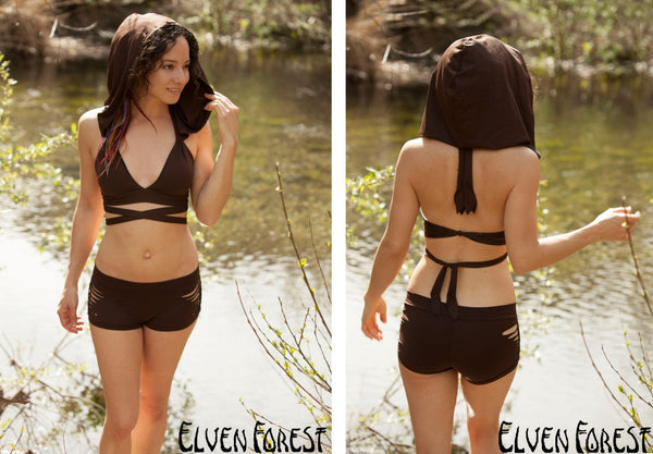 Hooded Swimsuit Bikini Top with Removable Hood ~ Elven Forest, festival swimsuit
