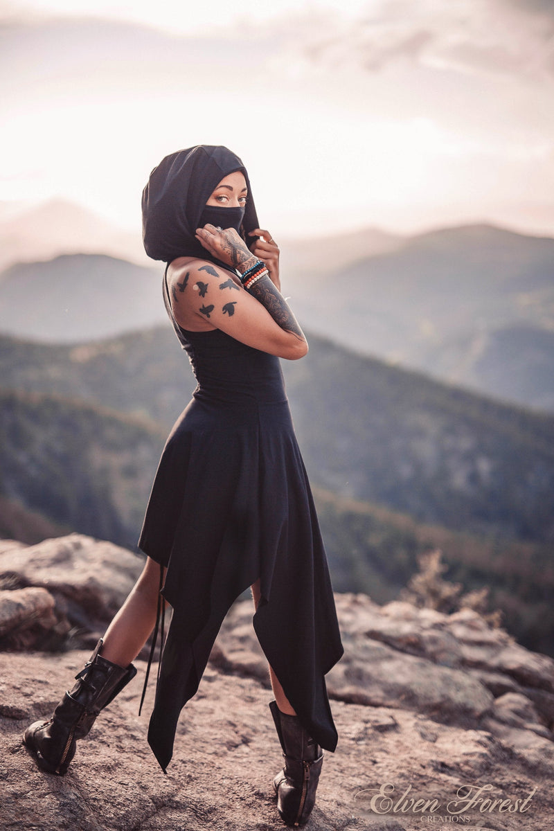 Desert Walker Dress ~ Dusk Mask Hoodie Dress ~ Elven Forest ~ Burning Man Costume, Post Apocalyptic, Festival Clothing