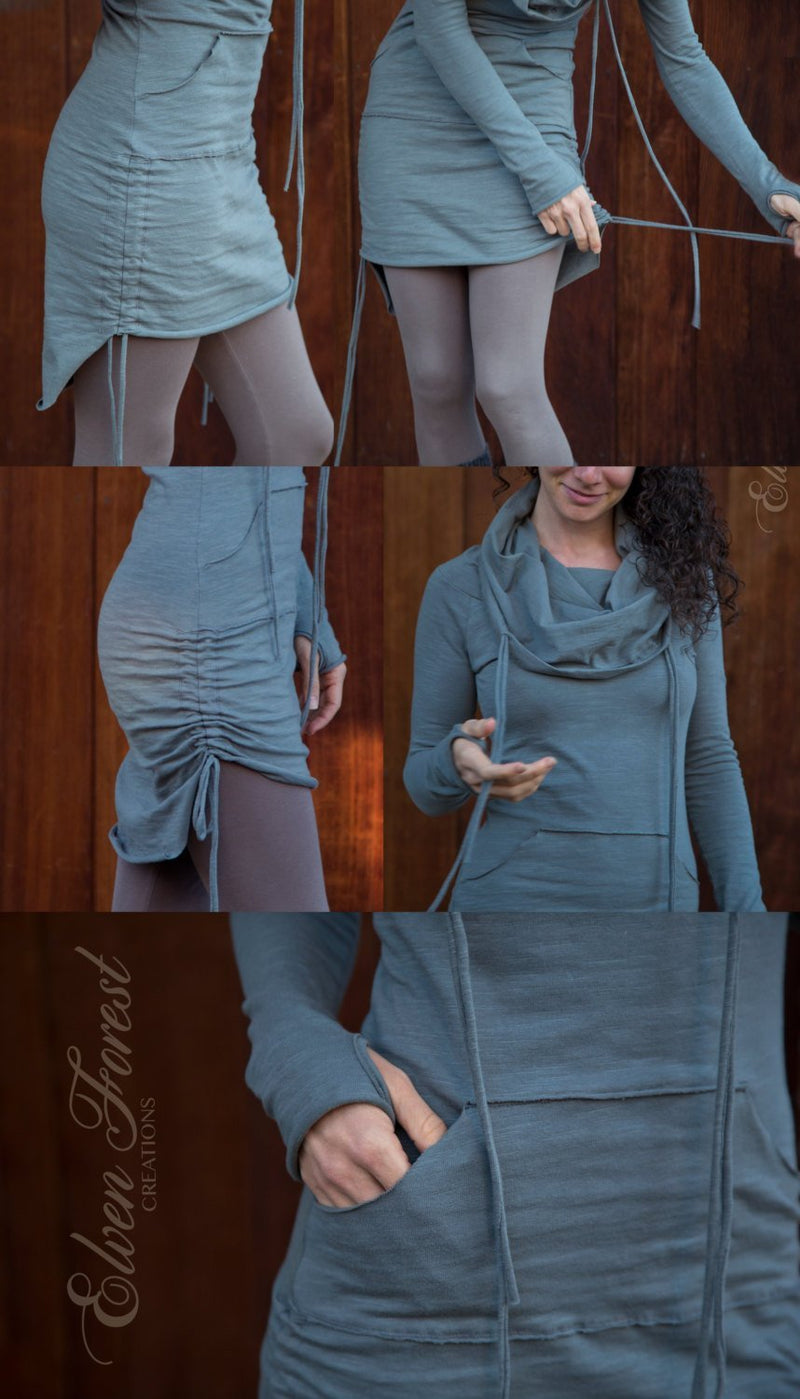 Hi-Lo Scrunchie Dress ~ with cowl hood and kangaroo pocket and thumb holes ~ adjustable length
