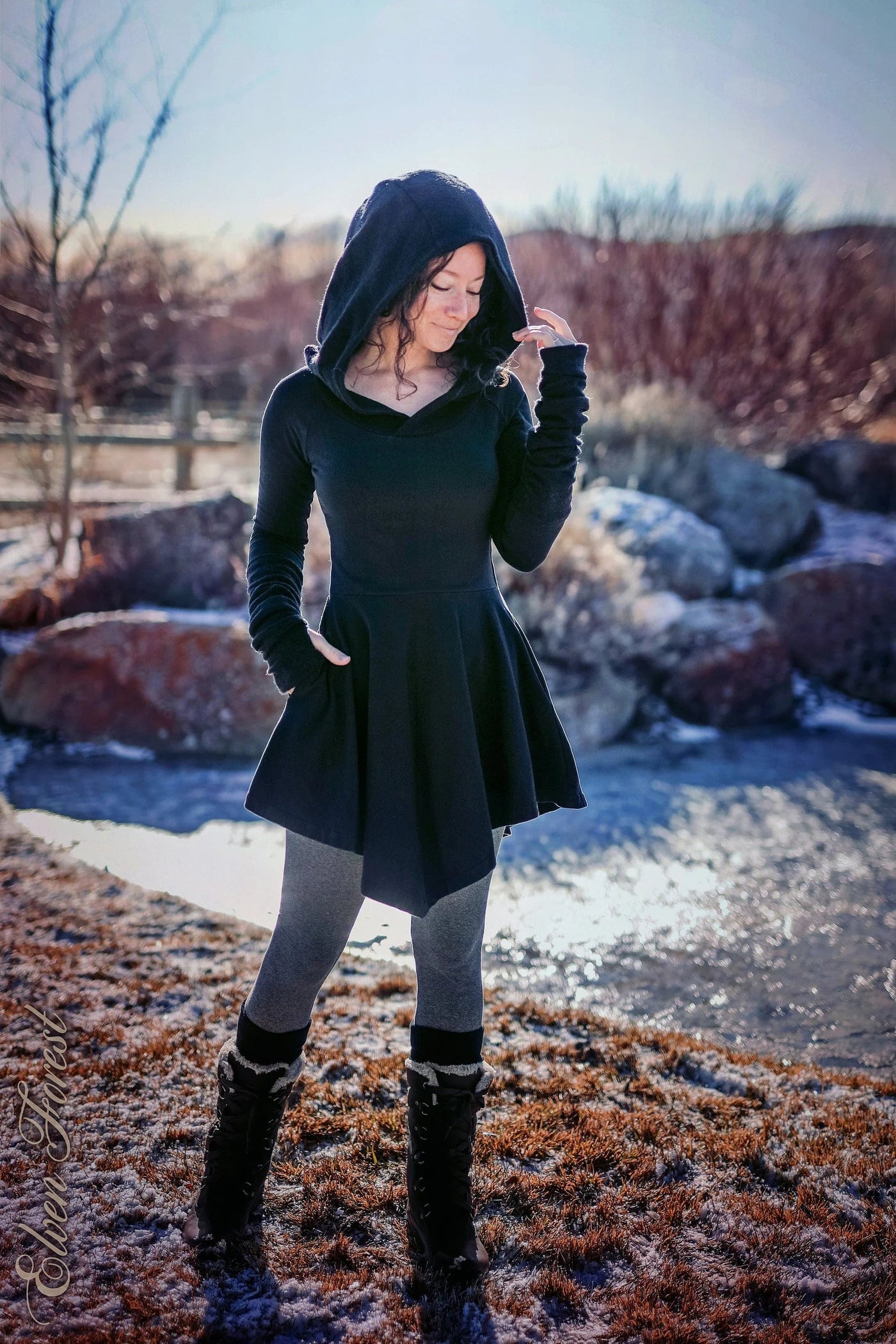 black floral short dress Solid Long Sleeve Hoodie Dress with Drawstring – Riah Fashion main image 0